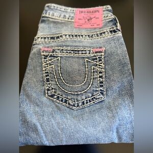 True Religion Women’s Jennie Curvy Big T Mid Rise Super Skinny Jeans pink stitch